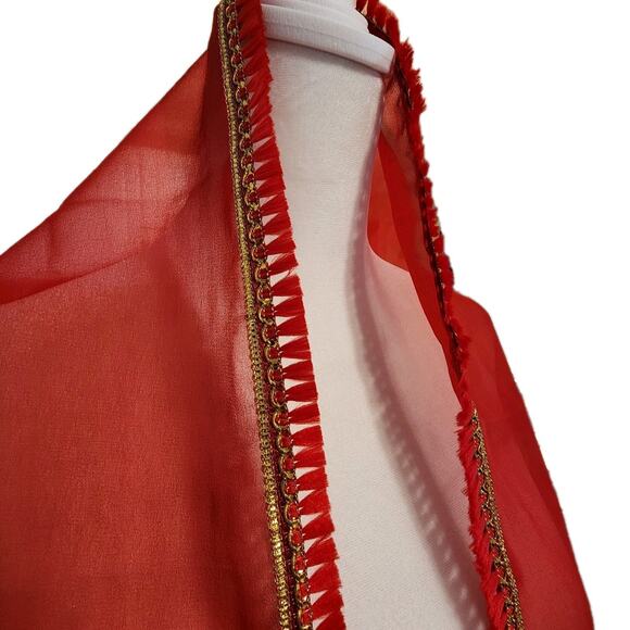 Red Sheer Sari Sarong Wrap Cover 40x80" Tassels Metallic Gold Thread Trim Design - Picture 4 of 7